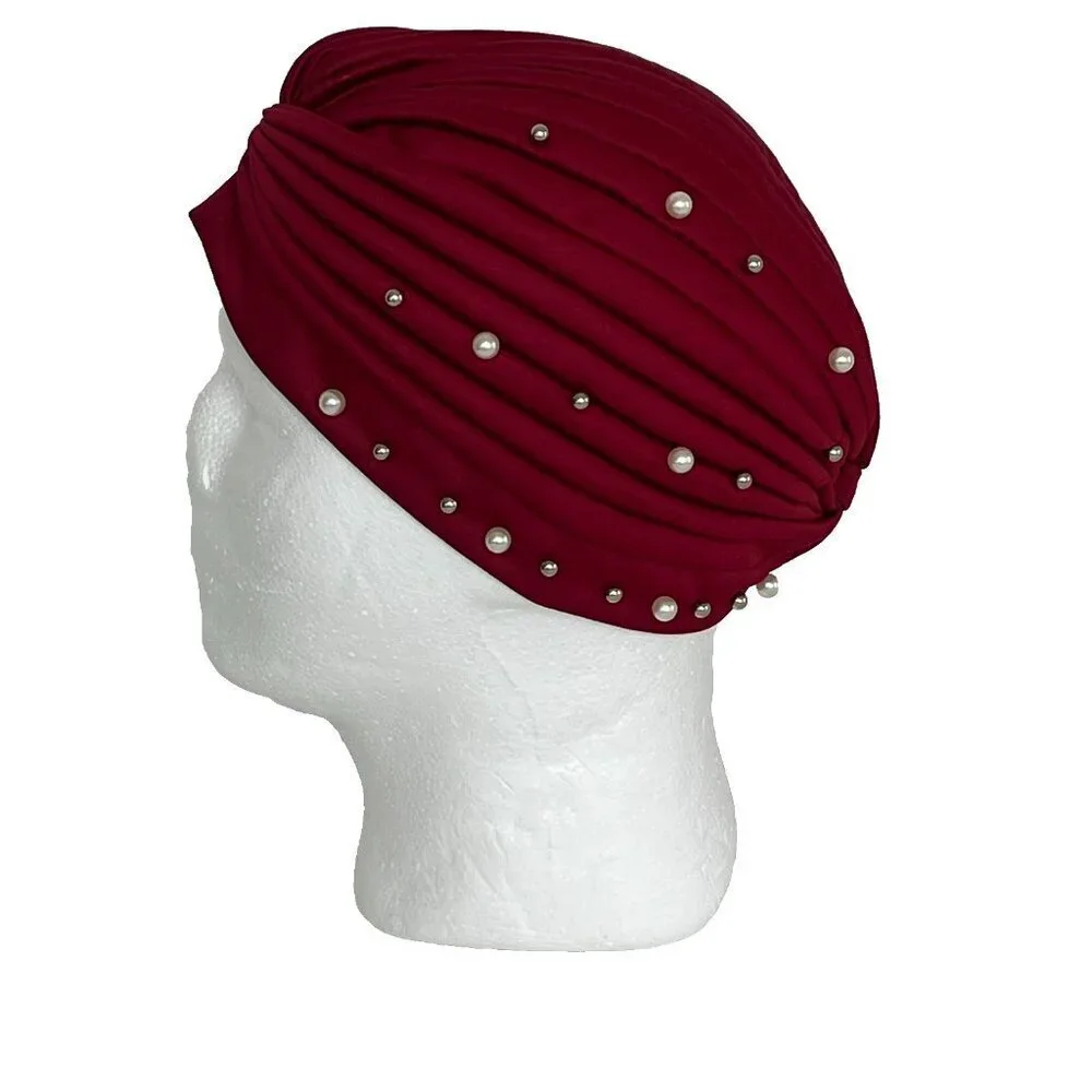 Turban Hat One Size Stretch Beaded Flapper 20's Costume Theater Church Brick Red
